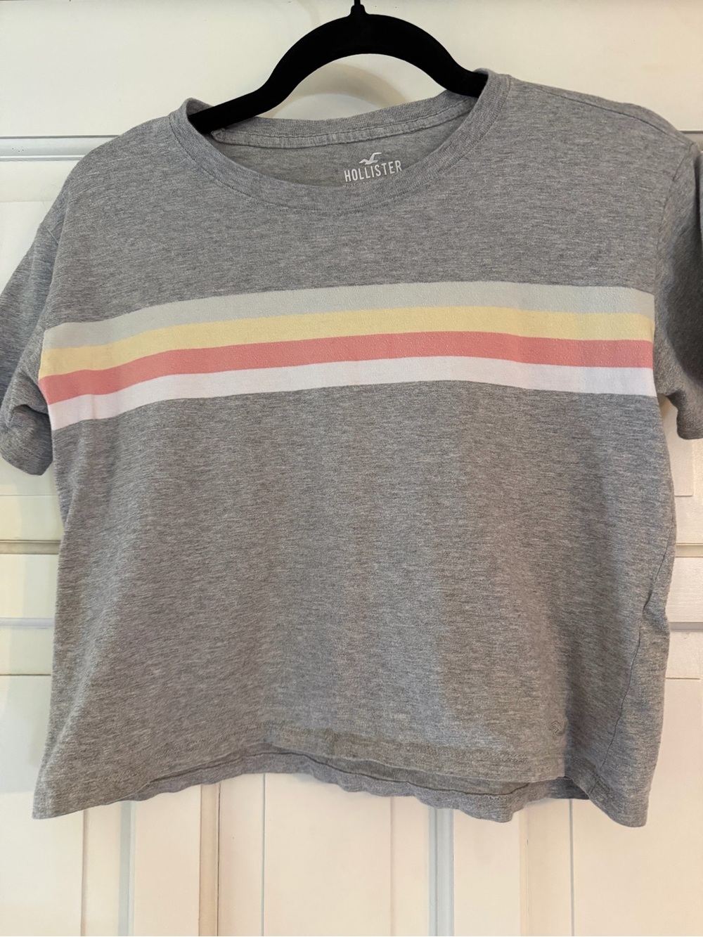 Hollister Heather Gray Crop Tee with Yellow, Pink & White Stripes